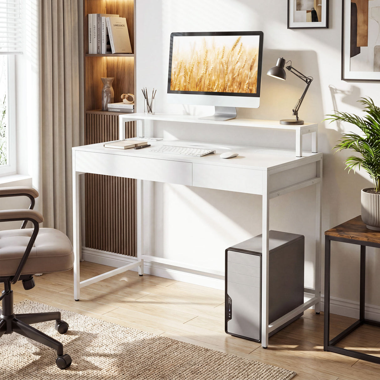 Compact Office Desk with Removable Monitor Shelf and Dual-use Drawer