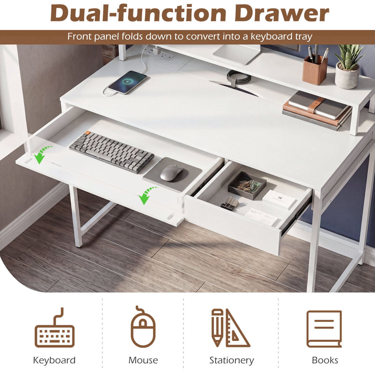 Compact Office Desk with Removable Monitor Shelf and Dual-use Drawer