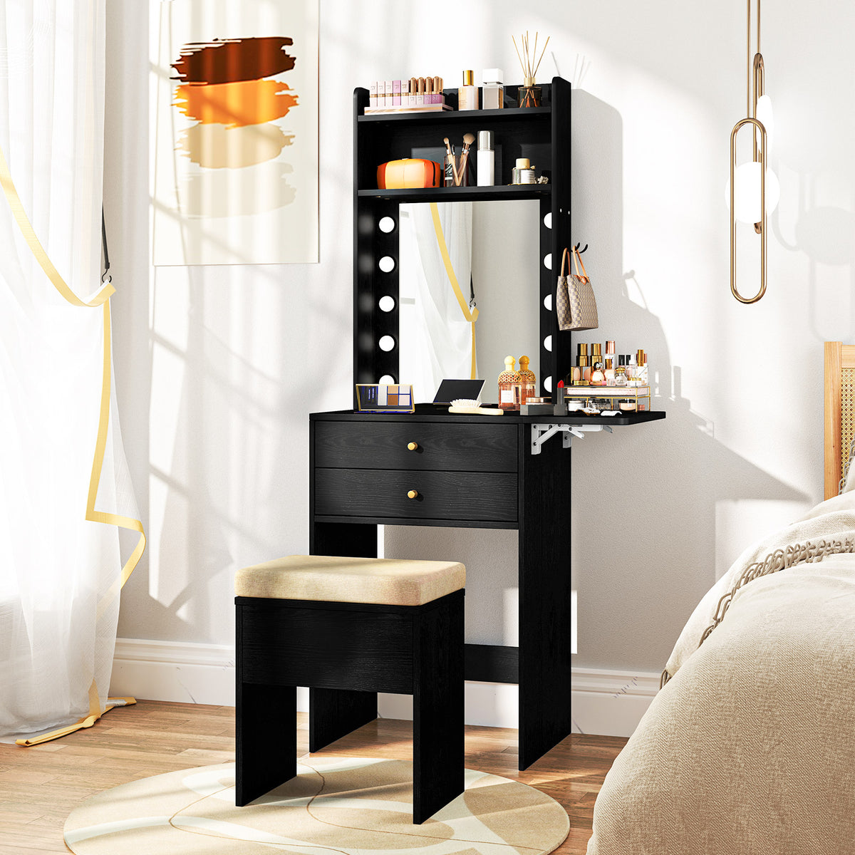 Compact Vanity Desk Set with 3-Color Lighted Mirror and P... – Moogdesk