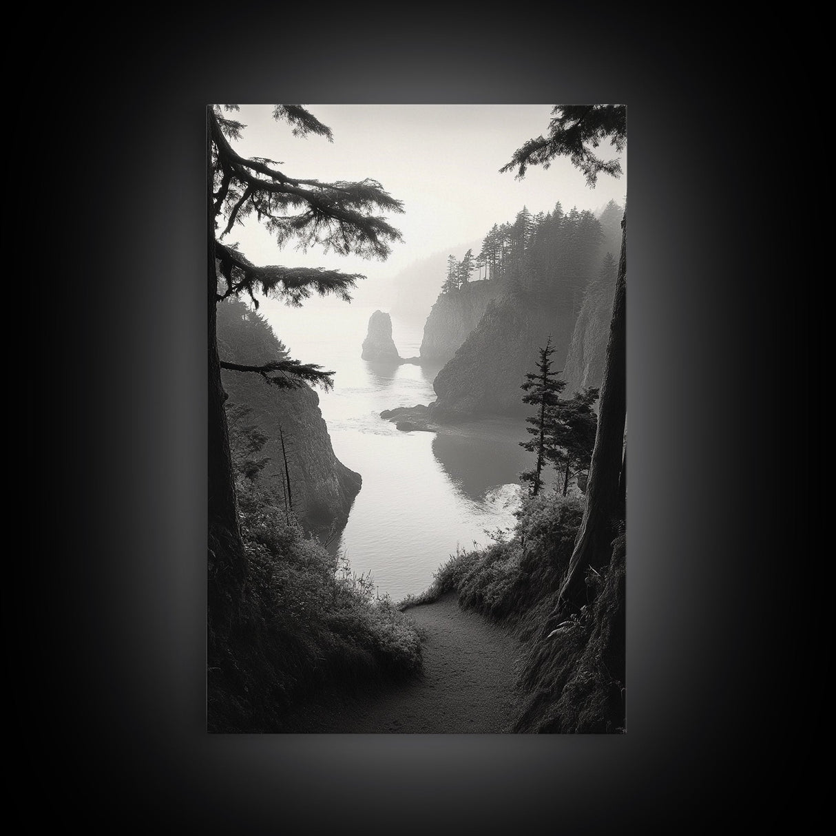 Forest Cliffs, Ocean Pathway, Misty Coast, Woodland Escape, Framed Canvas Print, Cabin Wall Art, Nature Trail Aesthetic, Autumn Mood Art