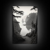 Forest Cliffs, Ocean Pathway, Misty Coast, Woodland Escape, Framed Canvas Print, Cabin Wall Art, Nature Trail Aesthetic, Autumn Mood Art