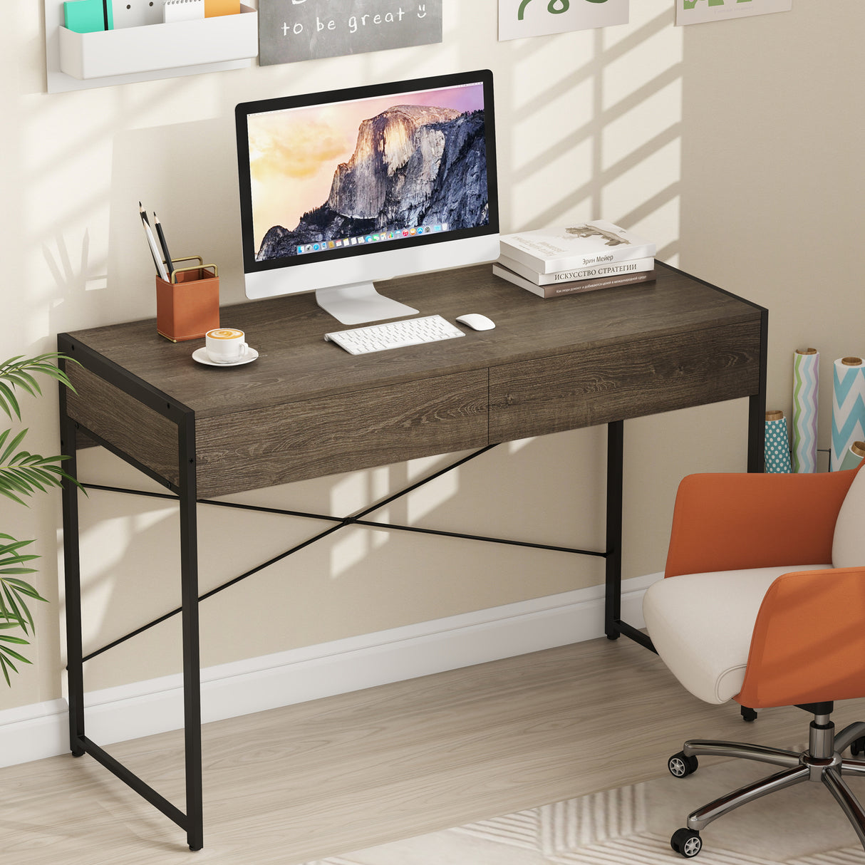 Computer Desk with 2 Drawers 44 Inch Home Office Desk with Metal Frame