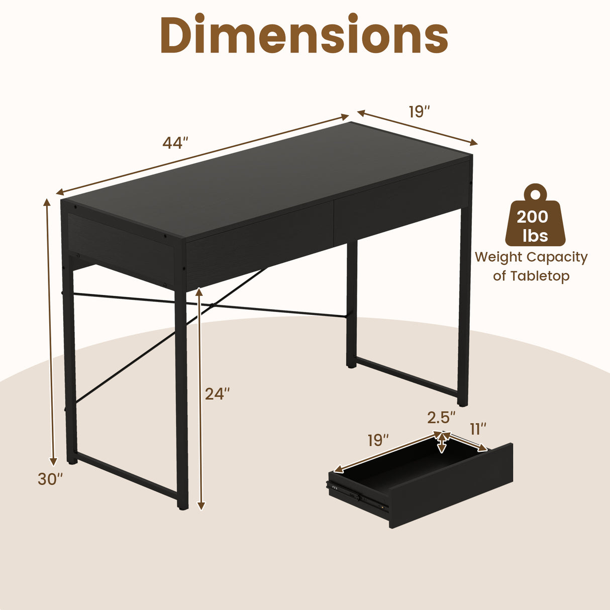 Computer Desk with 2 Drawers 44 Inch Home Office Desk with Metal Frame