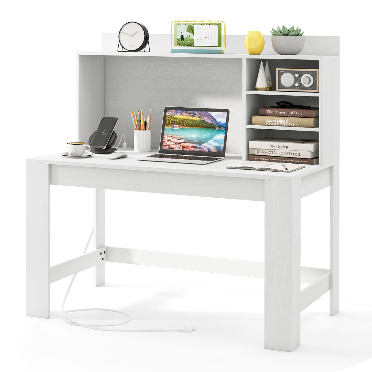 Modern Computer Desk with Hutch and Storage Shelves