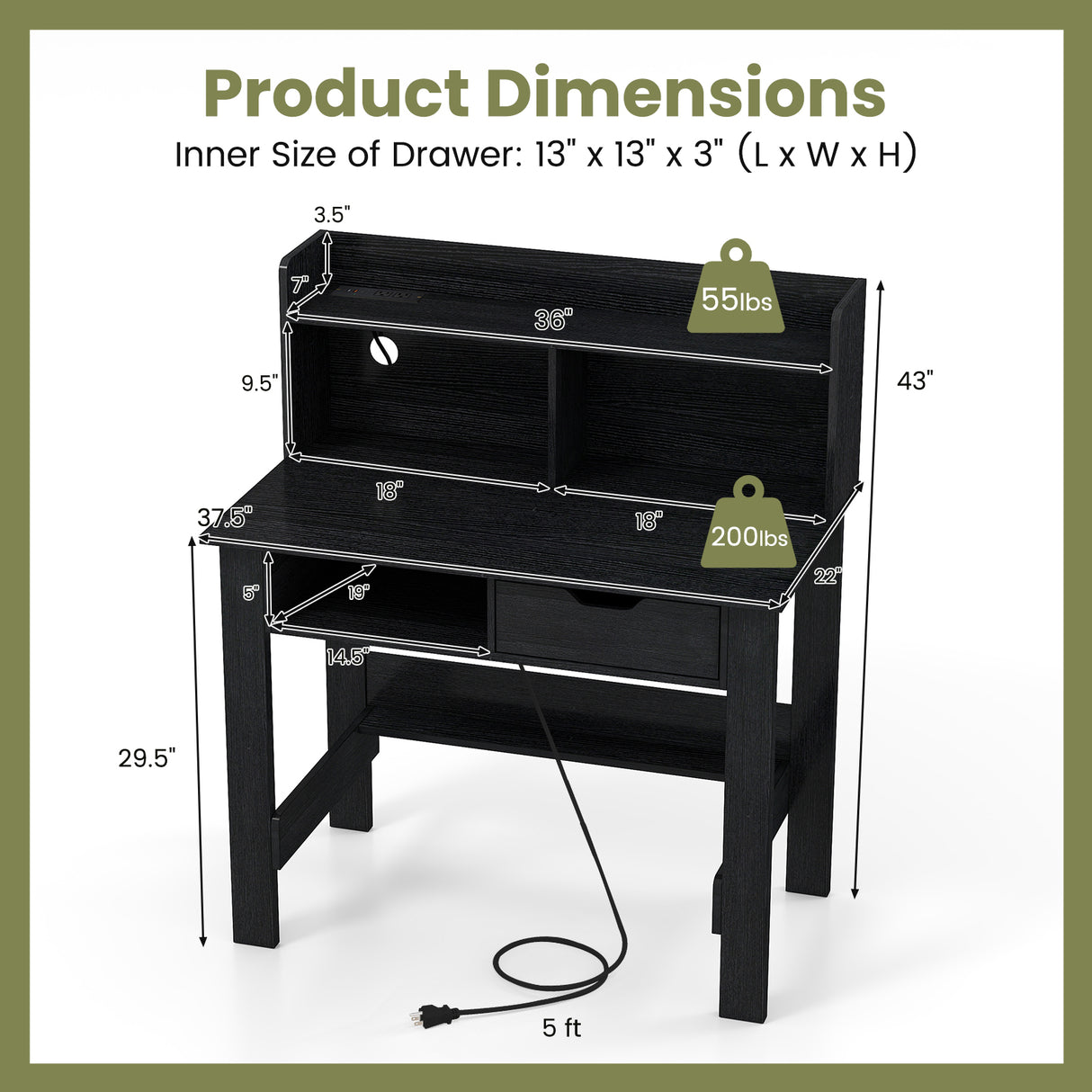 Computer Desk with Power Outlets USB Ports and Type-C-Black