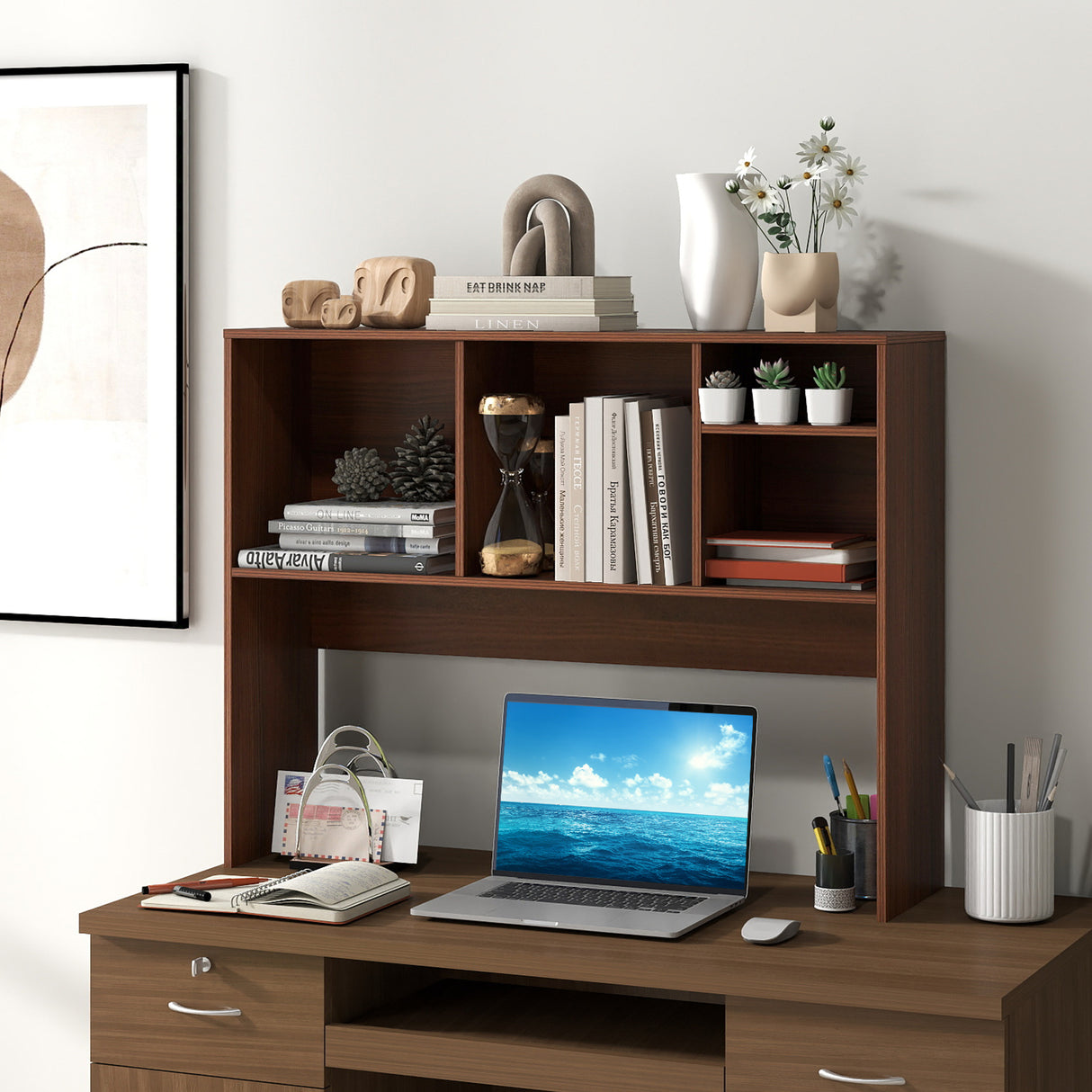 Computer Desktop Bookcase with 4 Cubbies and Open Back Compartment