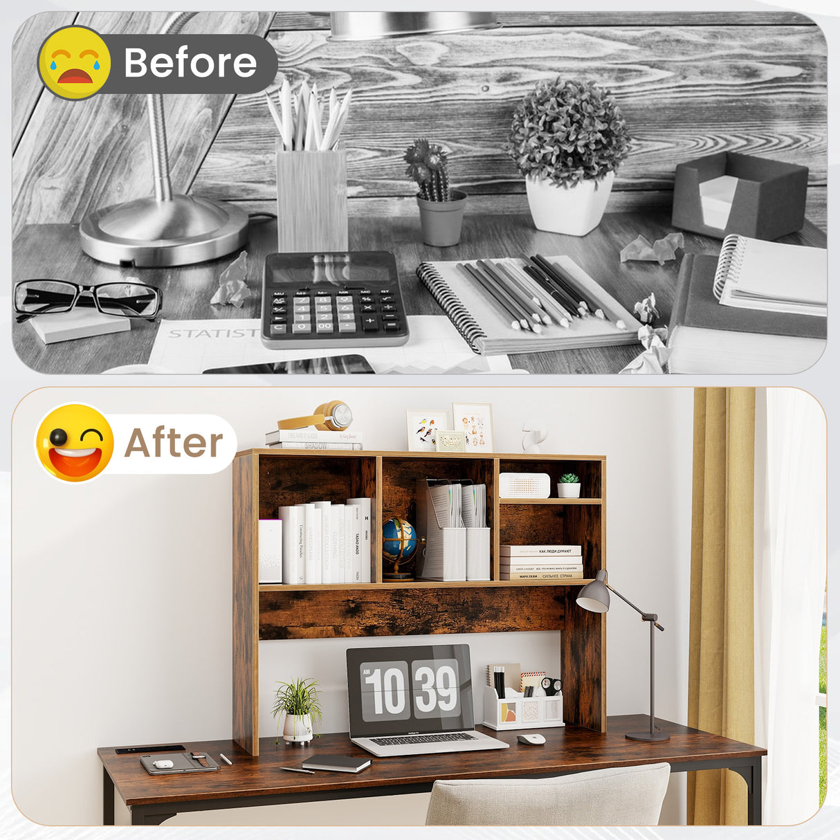 Computer Desktop Bookcase with 4 Cubbies and Open Back Compartment