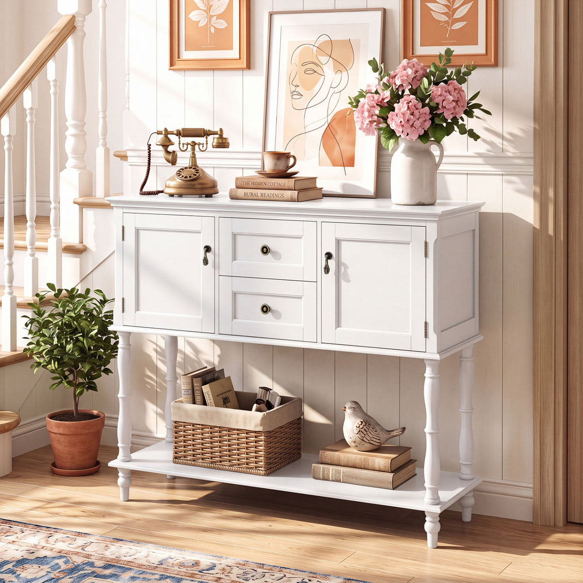 Console Table with 2 Drawers and 2 Door Cabinets and Bottom Storage Shelf