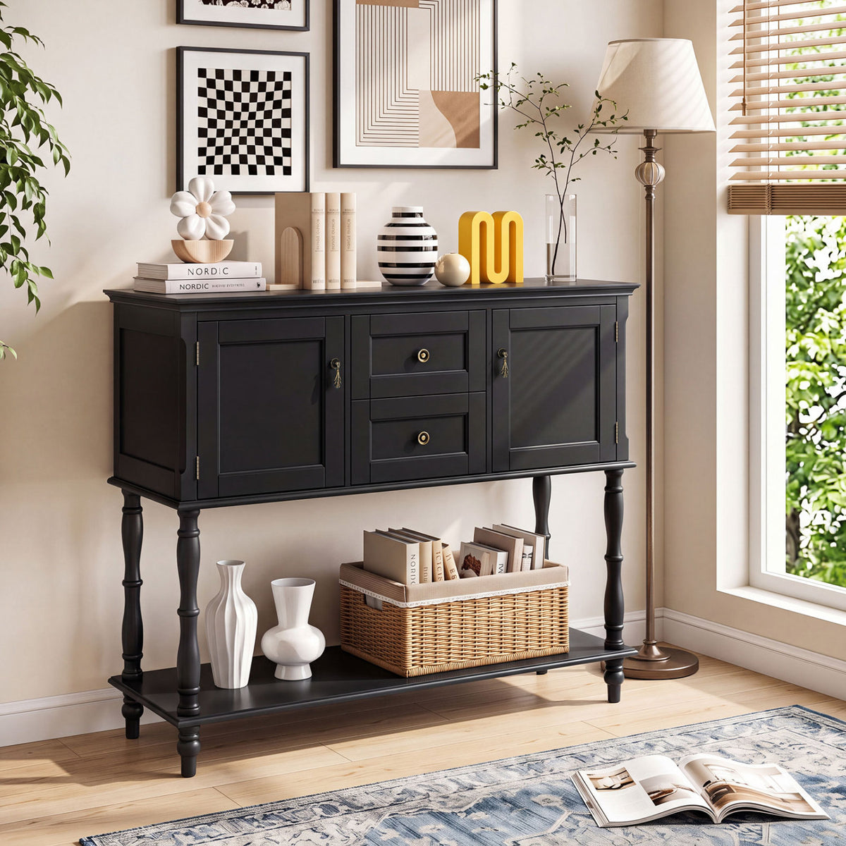 Console Table with 2 Drawers and 2 Door Cabinets and Bottom Storage Shelf