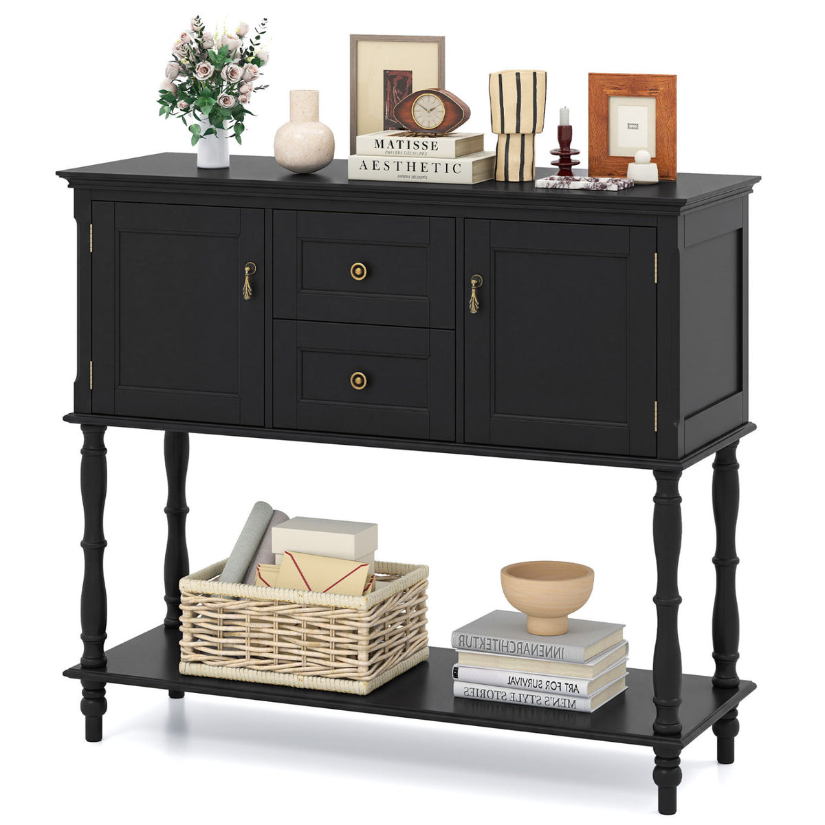 Console Table with 2 Drawers and 2 Door Cabinets and Bottom Storage Shelf