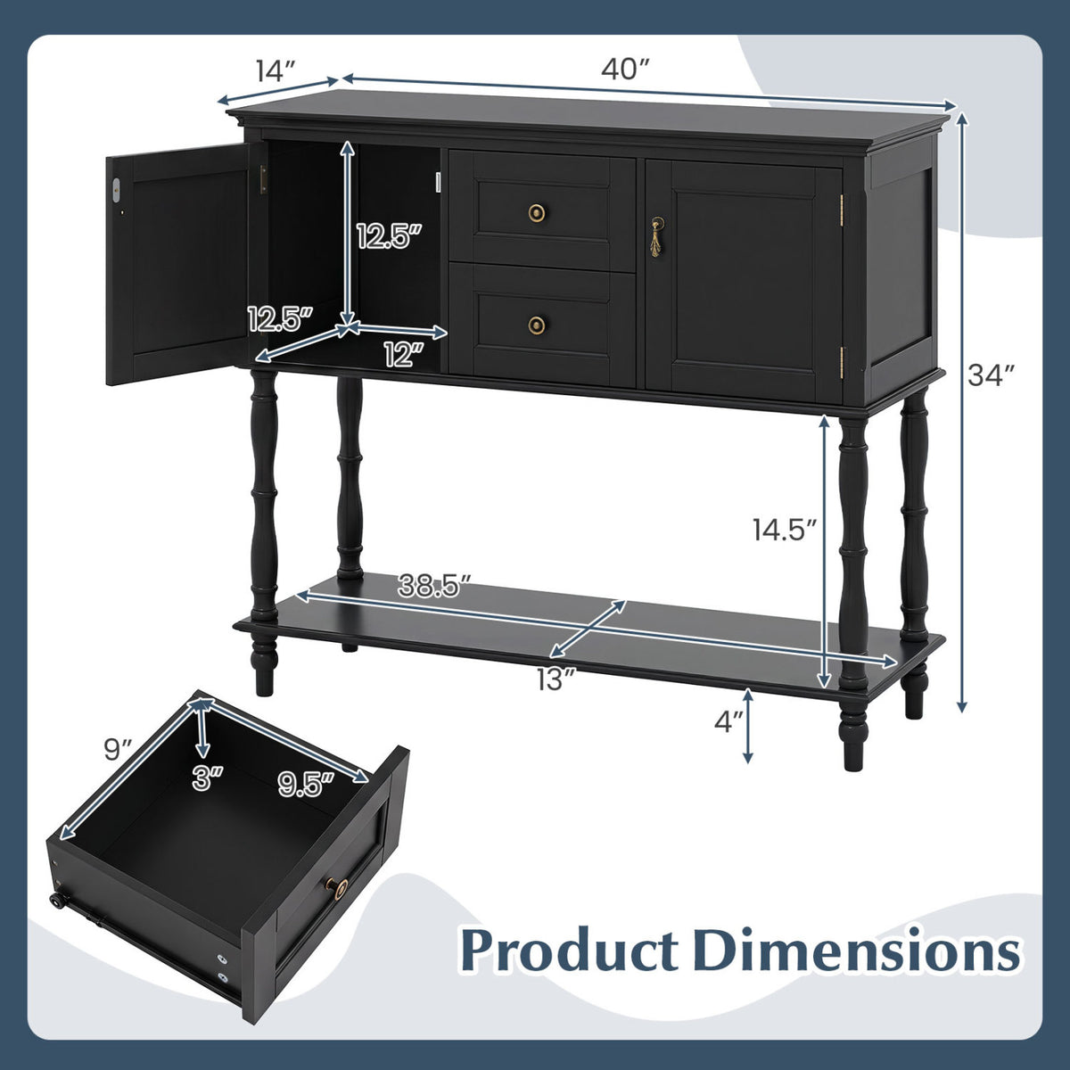 Console Table with 2 Drawers and 2 Door Cabinets and Bottom Storage Shelf