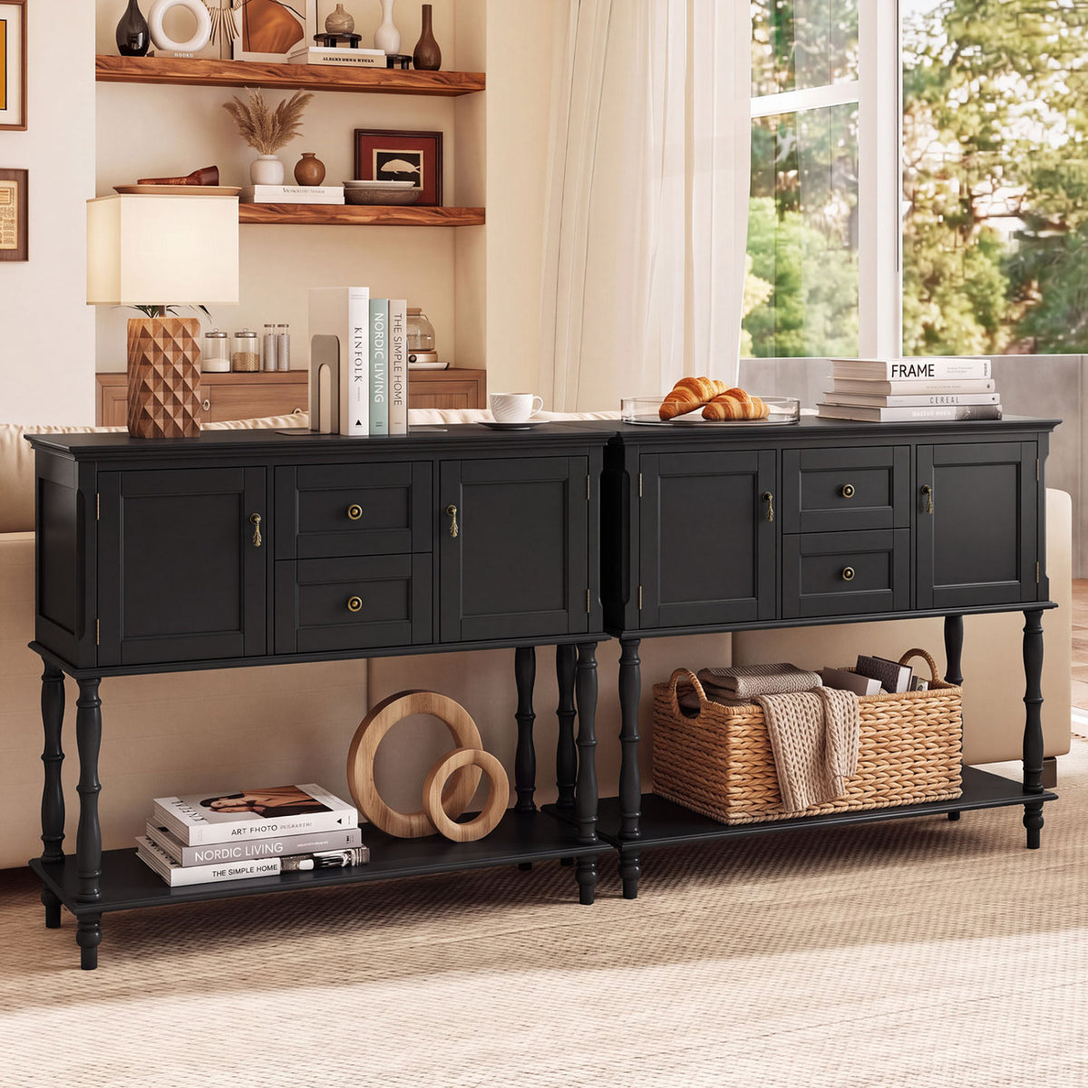 Console Table with 2 Drawers and 2 Door Cabinets and Bottom Storage Shelf