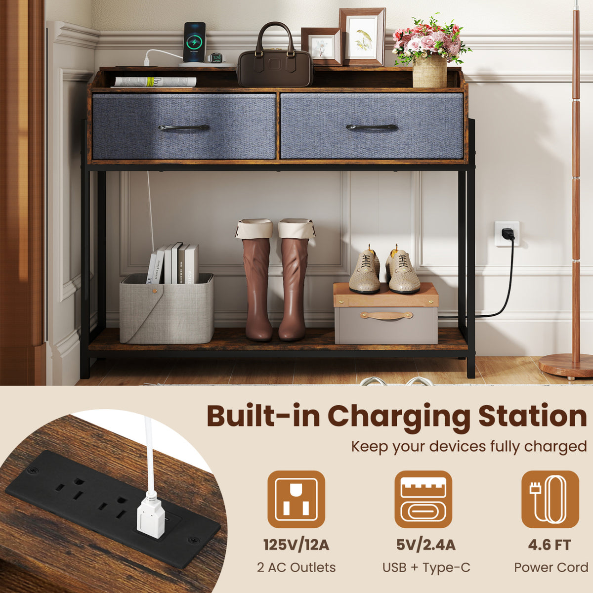 Console Table with Charging Station 110 cm Narrow Entryway Table with 2 Drawers and Shelves