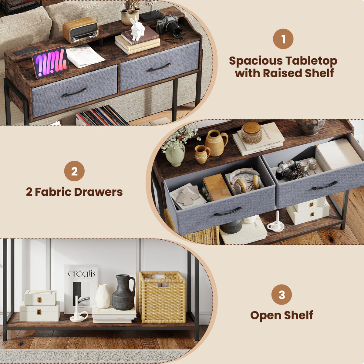 Console Table with Charging Station 110 cm Narrow Entryway Table with 2 Drawers and Shelves