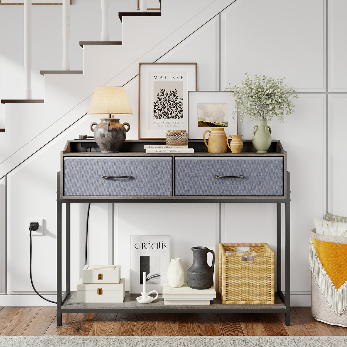 Console Table with Charging Station 110 cm Narrow Entryway Table with 2 Drawers and Shelves