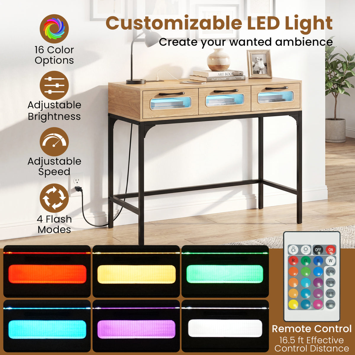 Console Table with LED Lighting and Charging Station for Living Room and Hallway