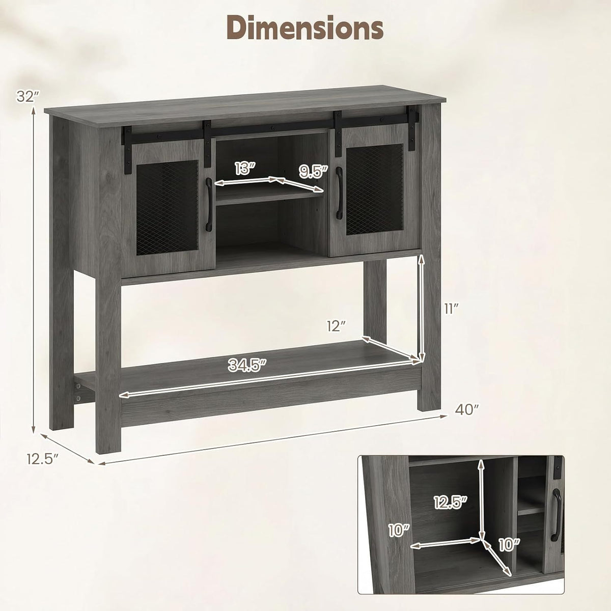 Console Table with Sliding Barn Doors and Storage Cabinets