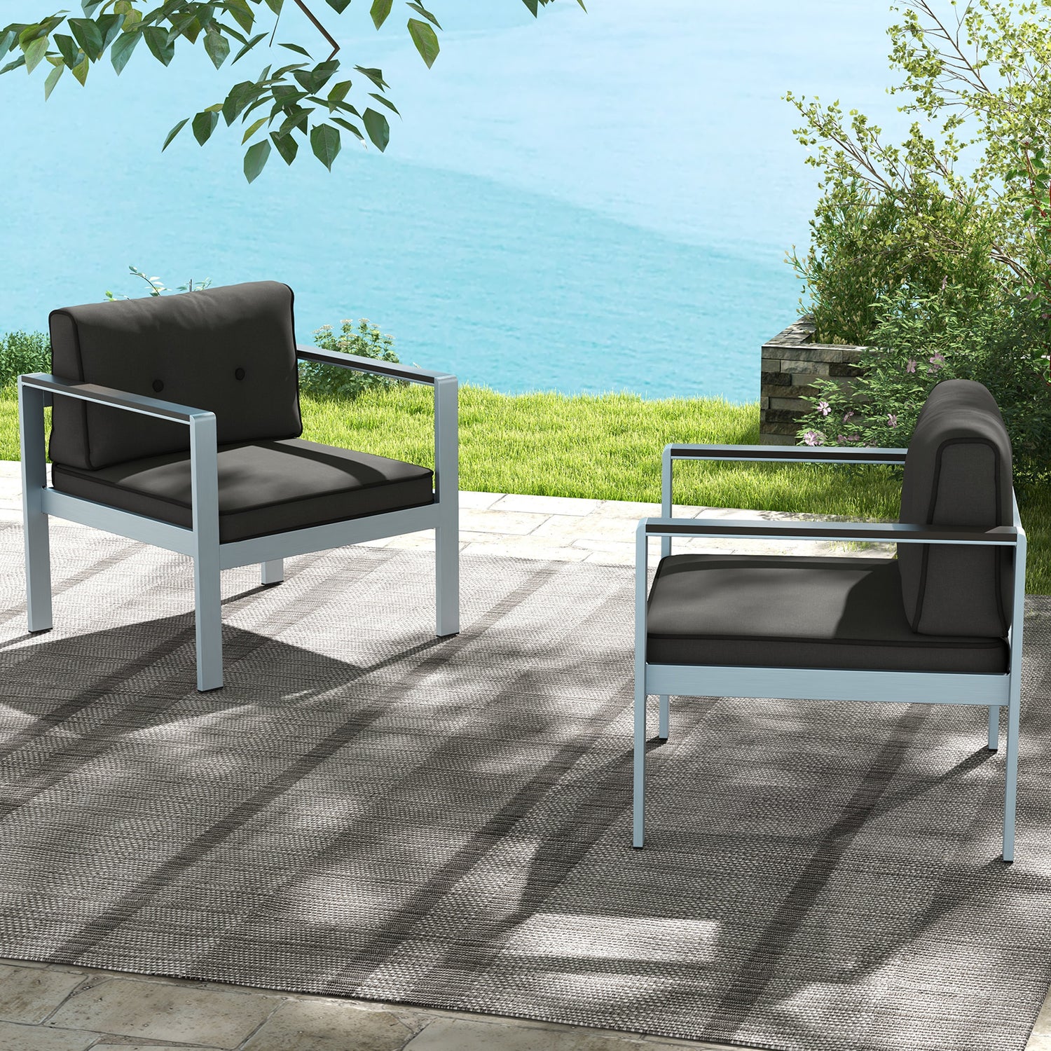 Contemporary Sofa Chair with WPC Armrests and Back Cushions-Gray