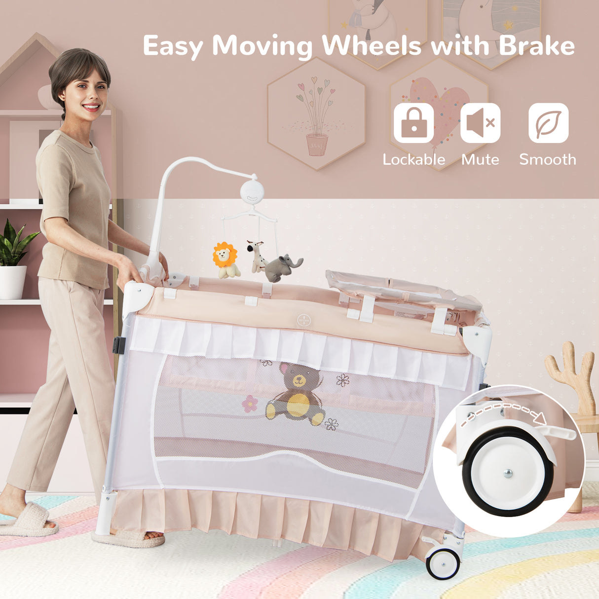 Convertible Bassinet with Removable Changing Table and Detachable Mesh Net
