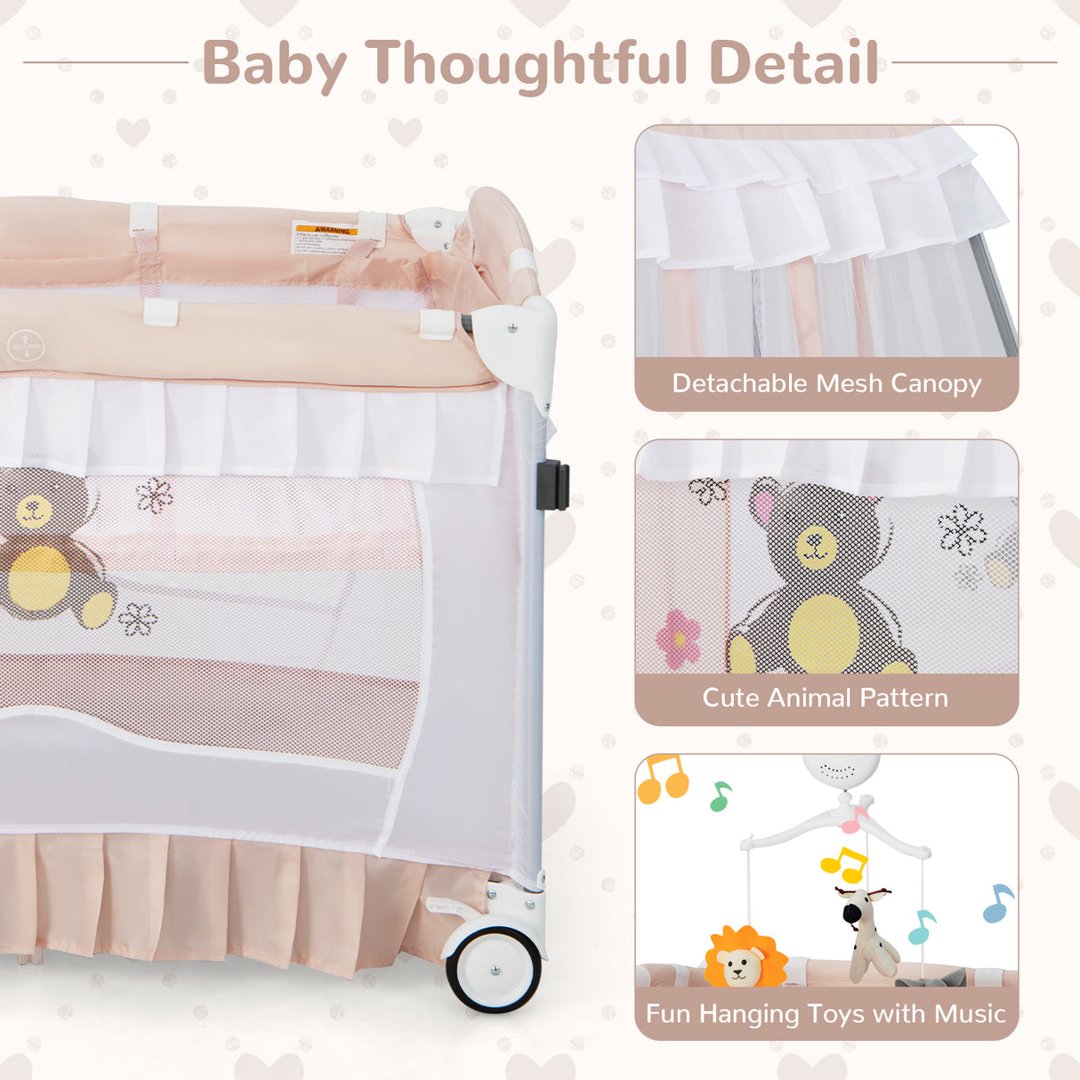 Convertible Bassinet with Removable Changing Table and Detachable Mesh Net