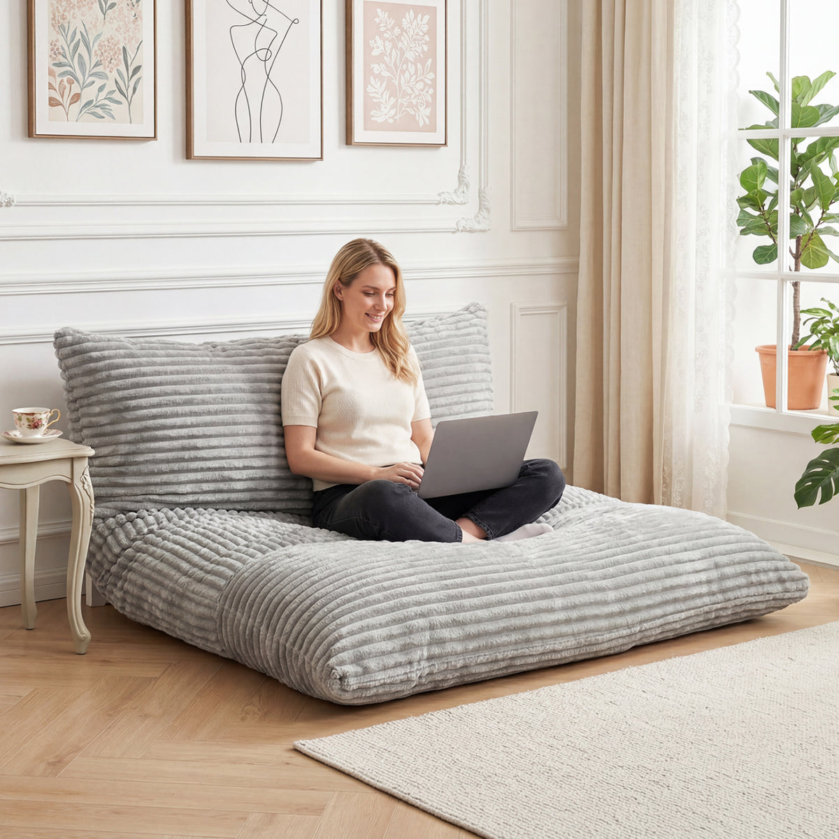 Convertible Bean Bag Floor Sofa with Machine-washable Corduroy Cover