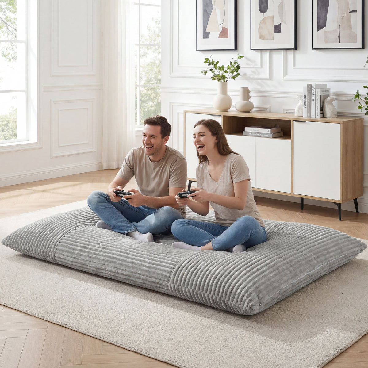 Convertible Bean Bag Floor Sofa with Machine-washable Corduroy Cover