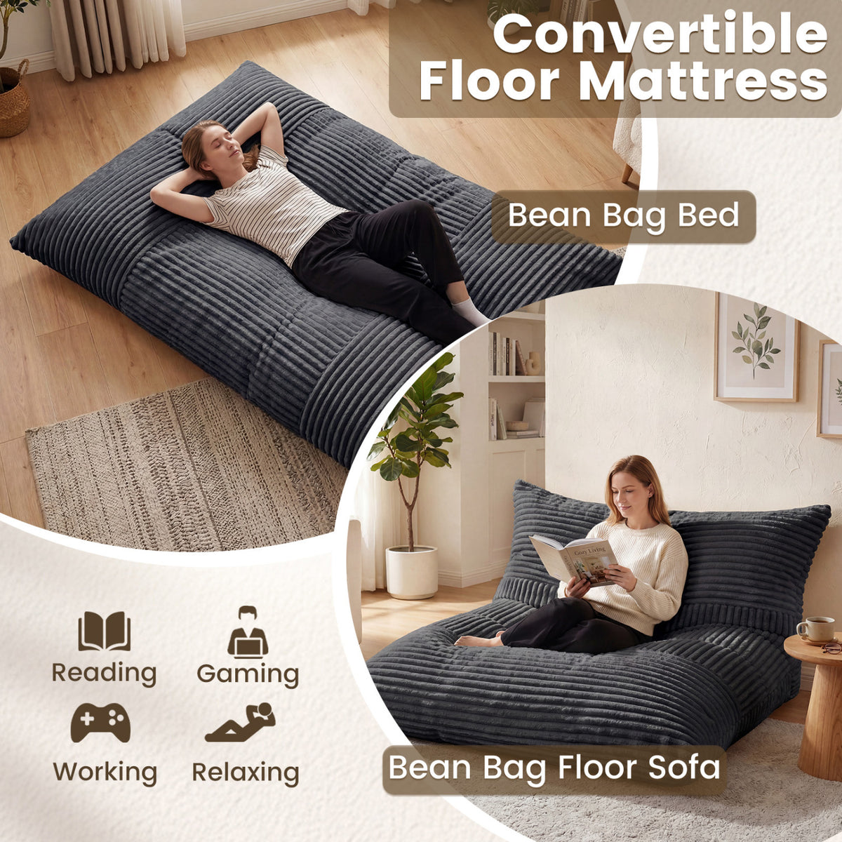 Convertible Bean Bag Floor Sofa with Machine-washable Corduroy Cover