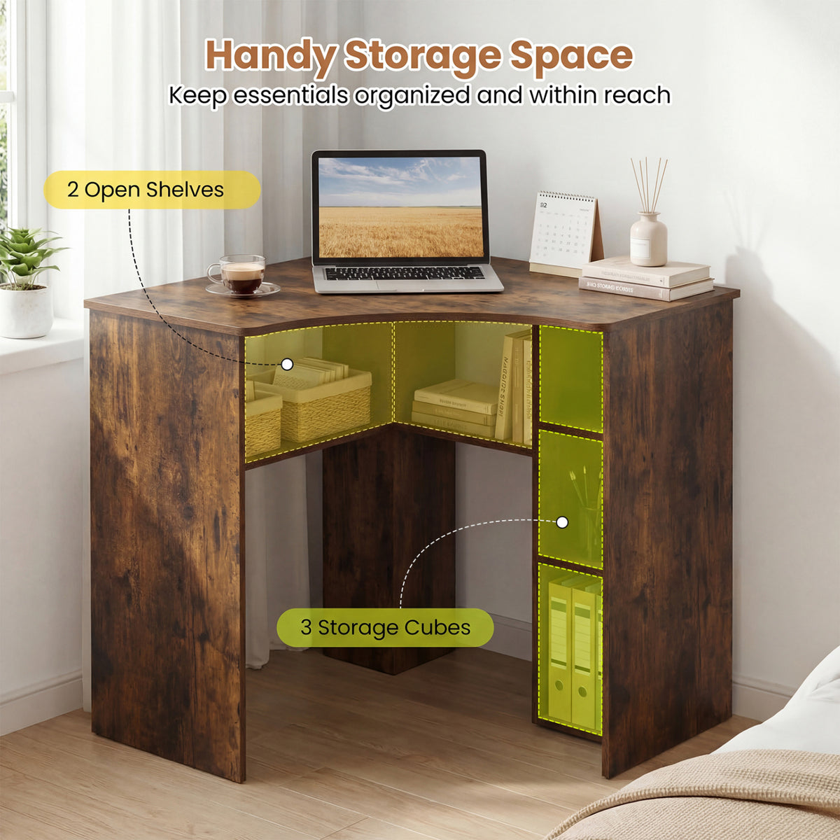 Corner Computer Desk Triangle Home Office Desk with Adjustable Shelf and Arc-Shaped Profile