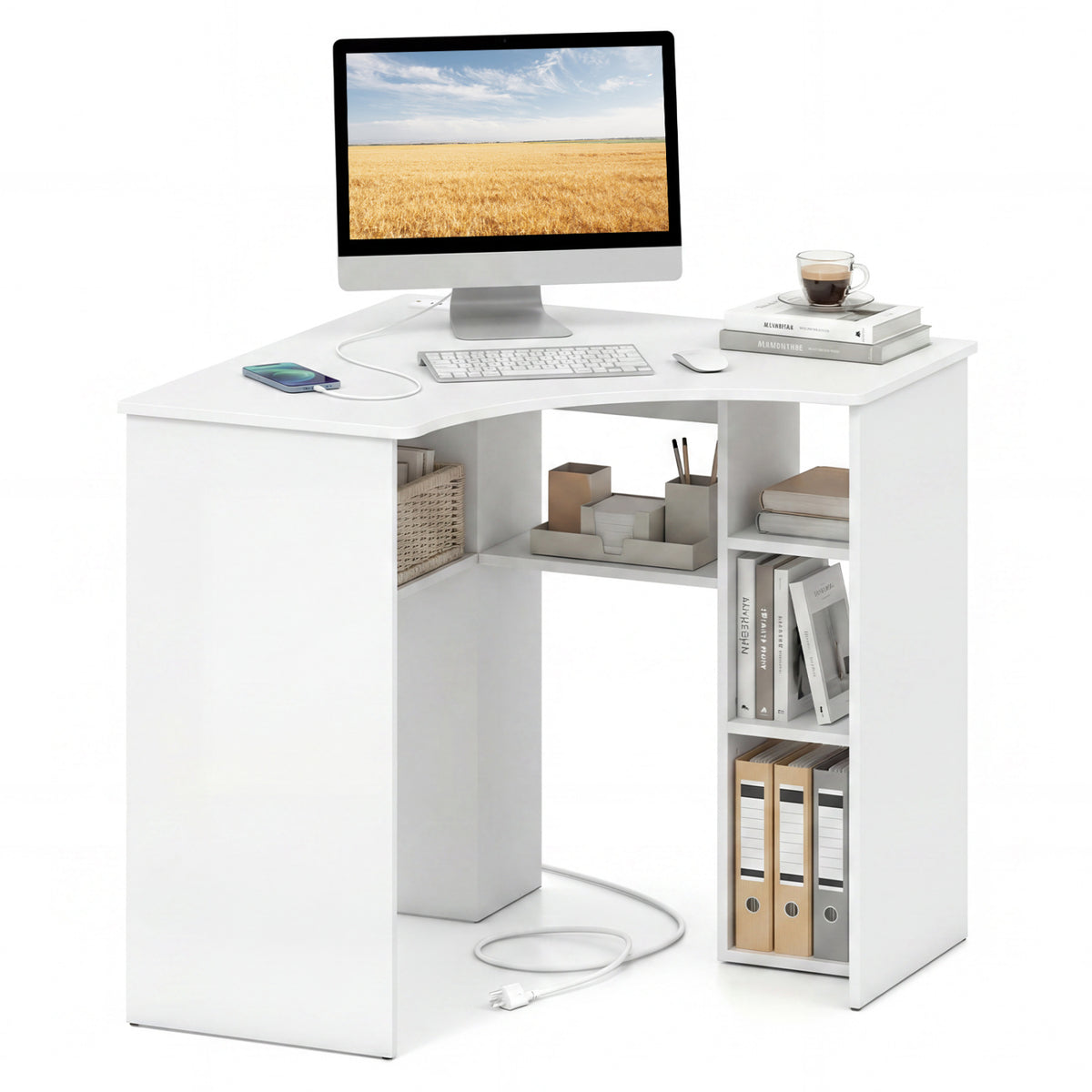 Corner Computer Desk Triangle Home Office Desk with Adjustable Shelf and Arc-Shaped Profile