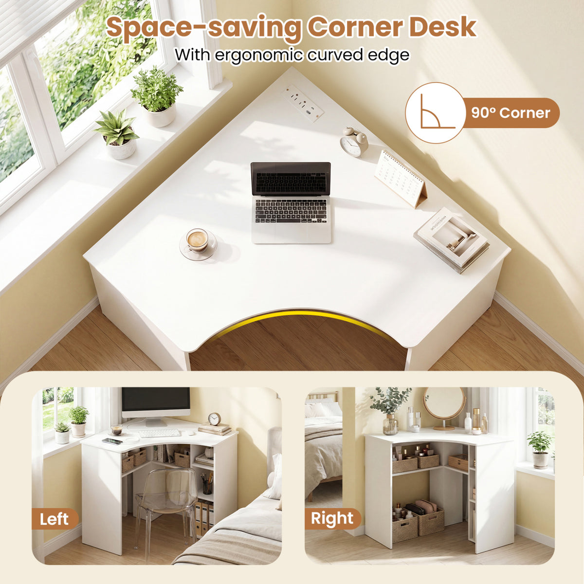 Corner Computer Desk Triangle Home Office Desk with Adjustable Shelf and Arc-Shaped Profile