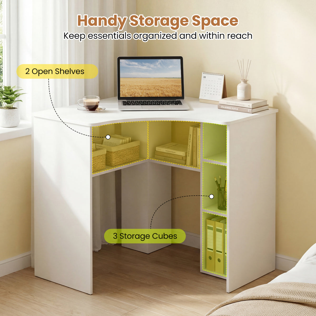 Corner Computer Desk Triangle Home Office Desk with Adjustable Shelf and Arc-Shaped Profile