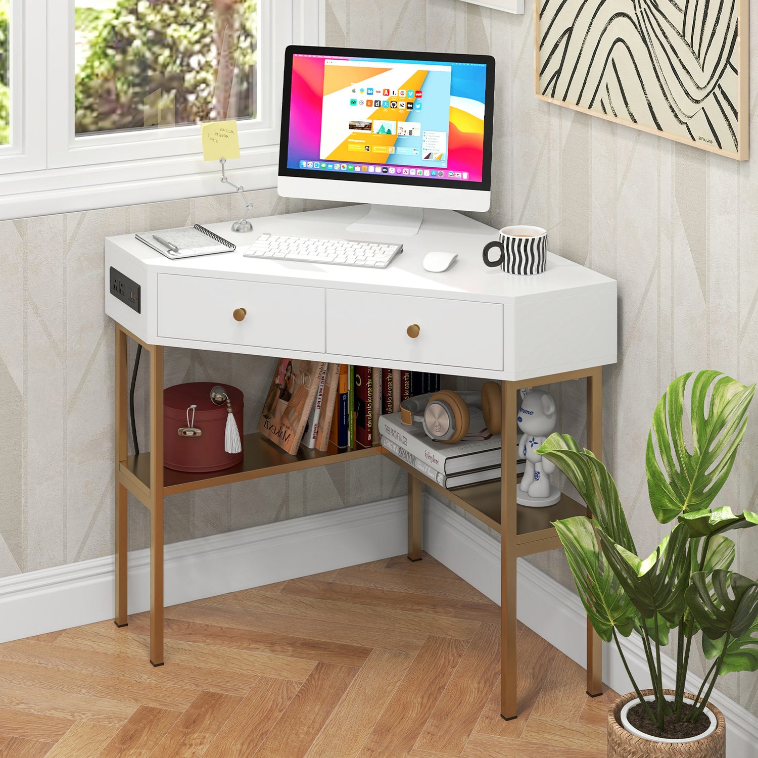 Triangle Corner Desk with Charging Station with 2 Drawers and Storage Shelf