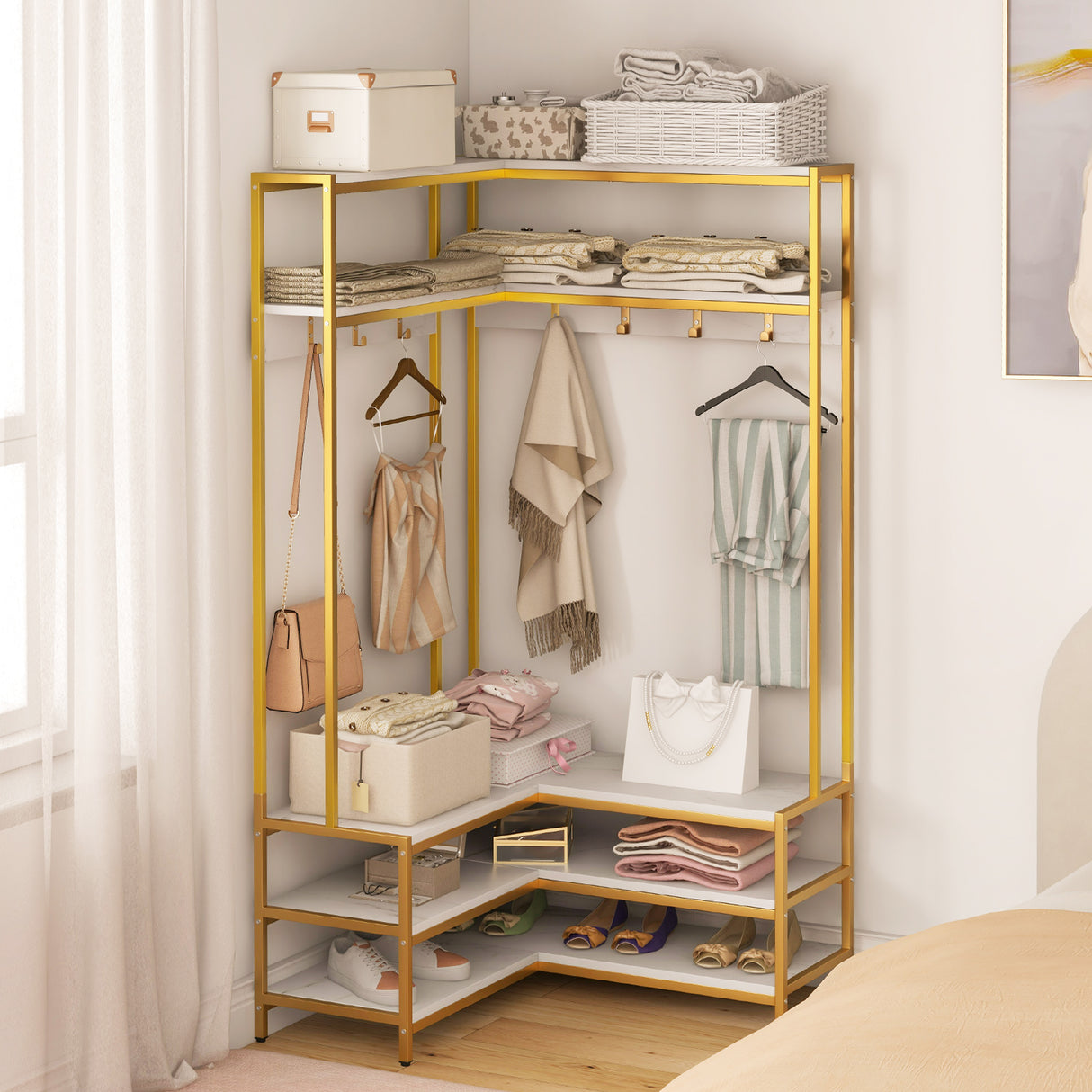 Corner Garment Rack with Open Shelves and 7 Hooks Shoe Bench