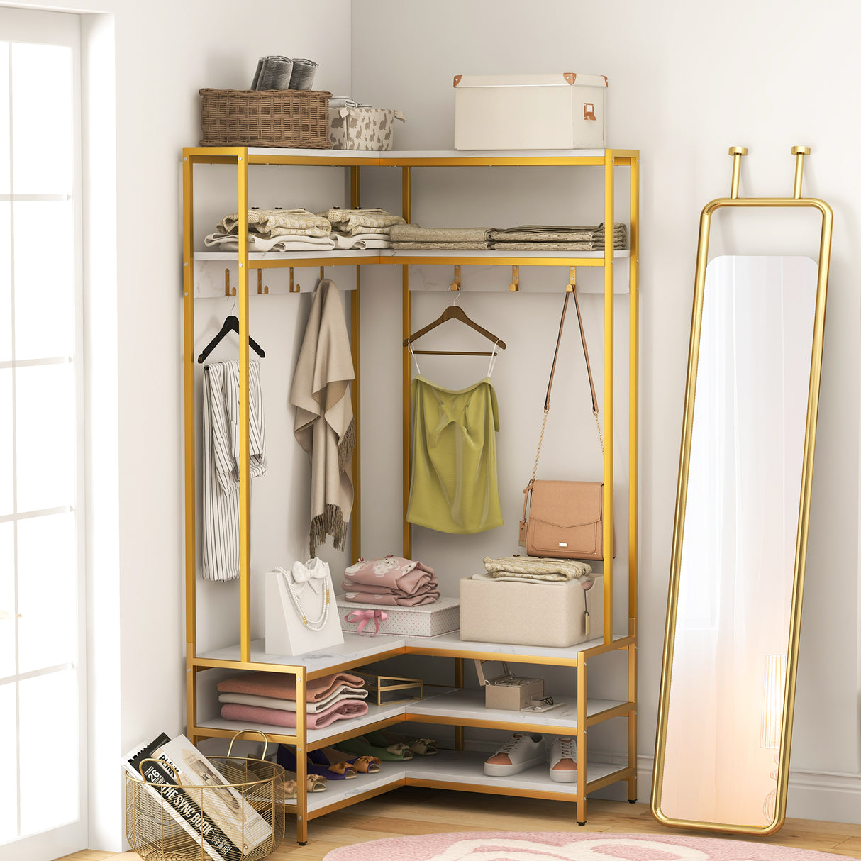 Corner Garment Rack with Open Shelves and 7 Hooks Shoe Bench