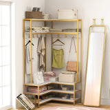 Corner Garment Rack with Open Shelves and 7 Hooks Shoe Bench