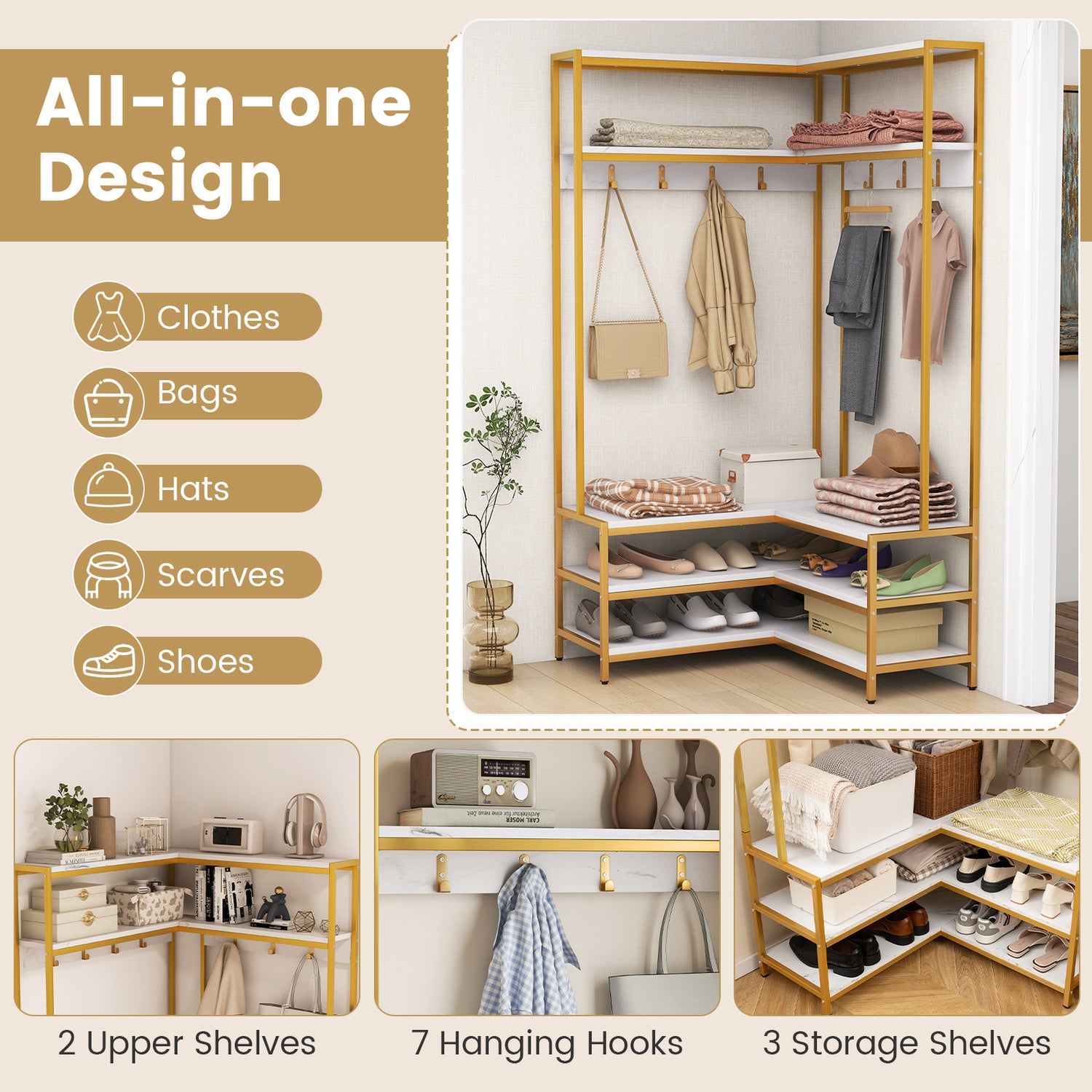Corner Garment Rack with Open Shelves and 7 Hooks Shoe Bench