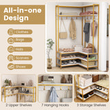 Corner Garment Rack with Open Shelves and 7 Hooks Shoe Bench