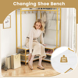Corner Garment Rack with Open Shelves and 7 Hooks Shoe Bench