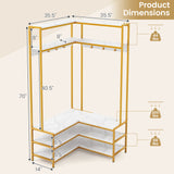 Corner Garment Rack with Open Shelves and 7 Hooks Shoe Bench