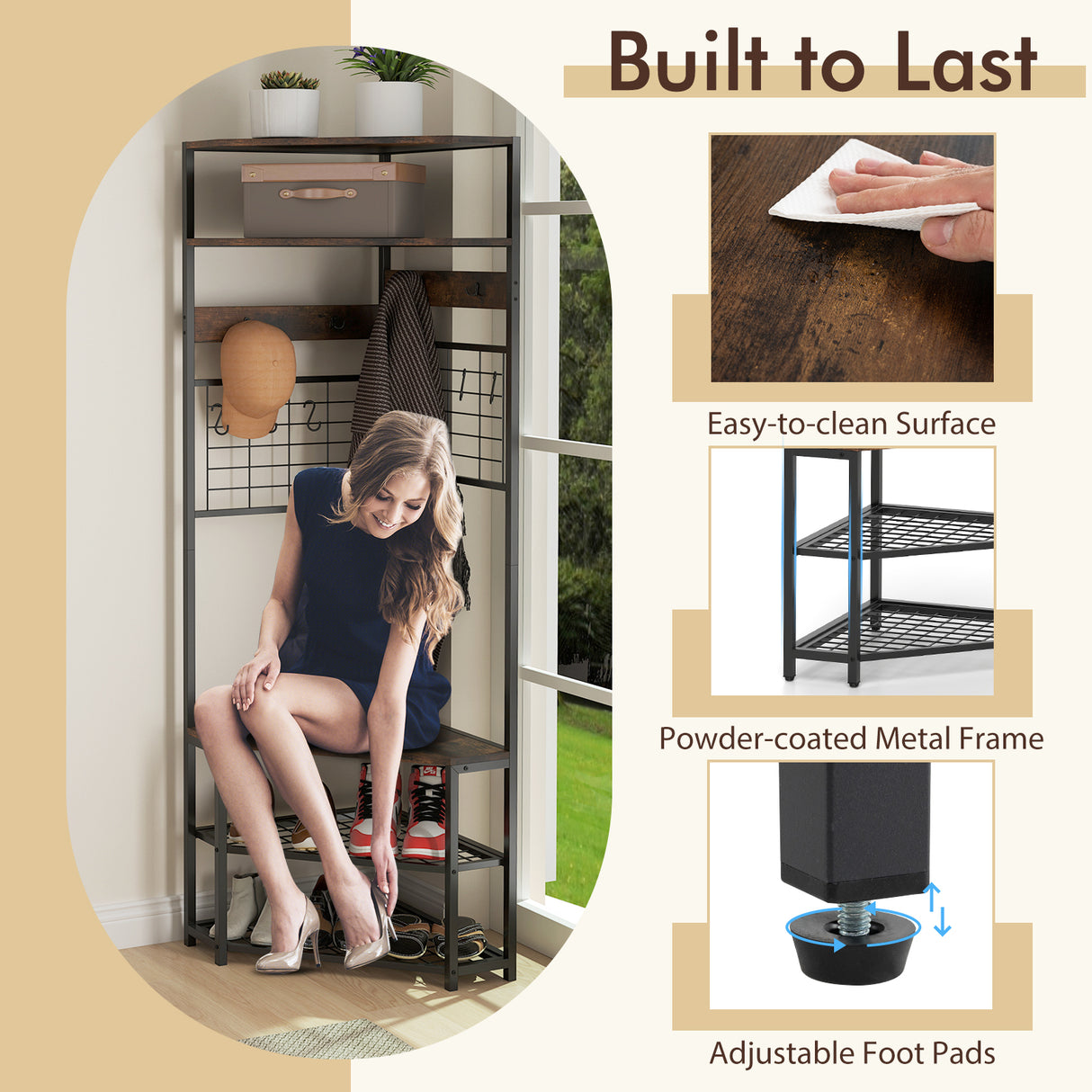 5-Tier Corner Hall Tree with Shoe Storage Bench