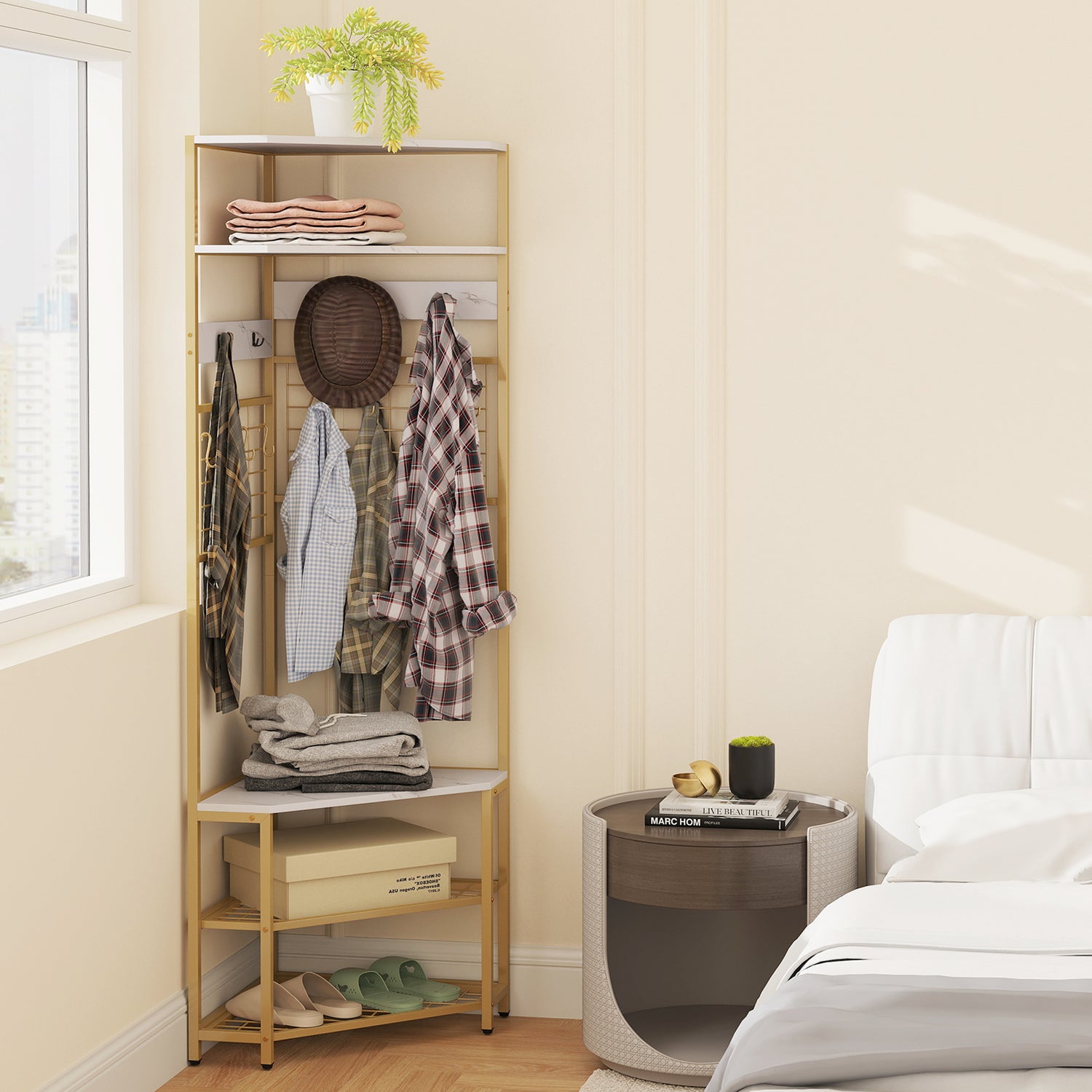5-Tier Corner Hall Tree with Shoe Storage Bench