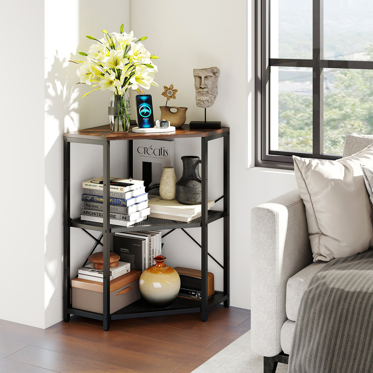 Corner Printer Stand with Power Outlet 3-Tier Storage Rack with Adjustable Shelf