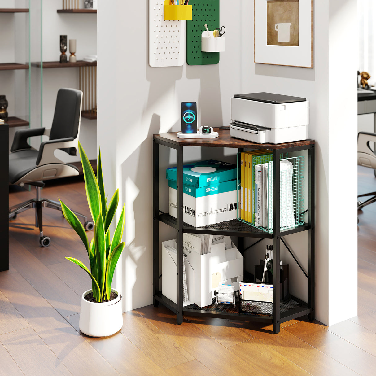 Corner Printer Stand with Power Outlet 3-Tier Storage Rack with Adjustable Shelf