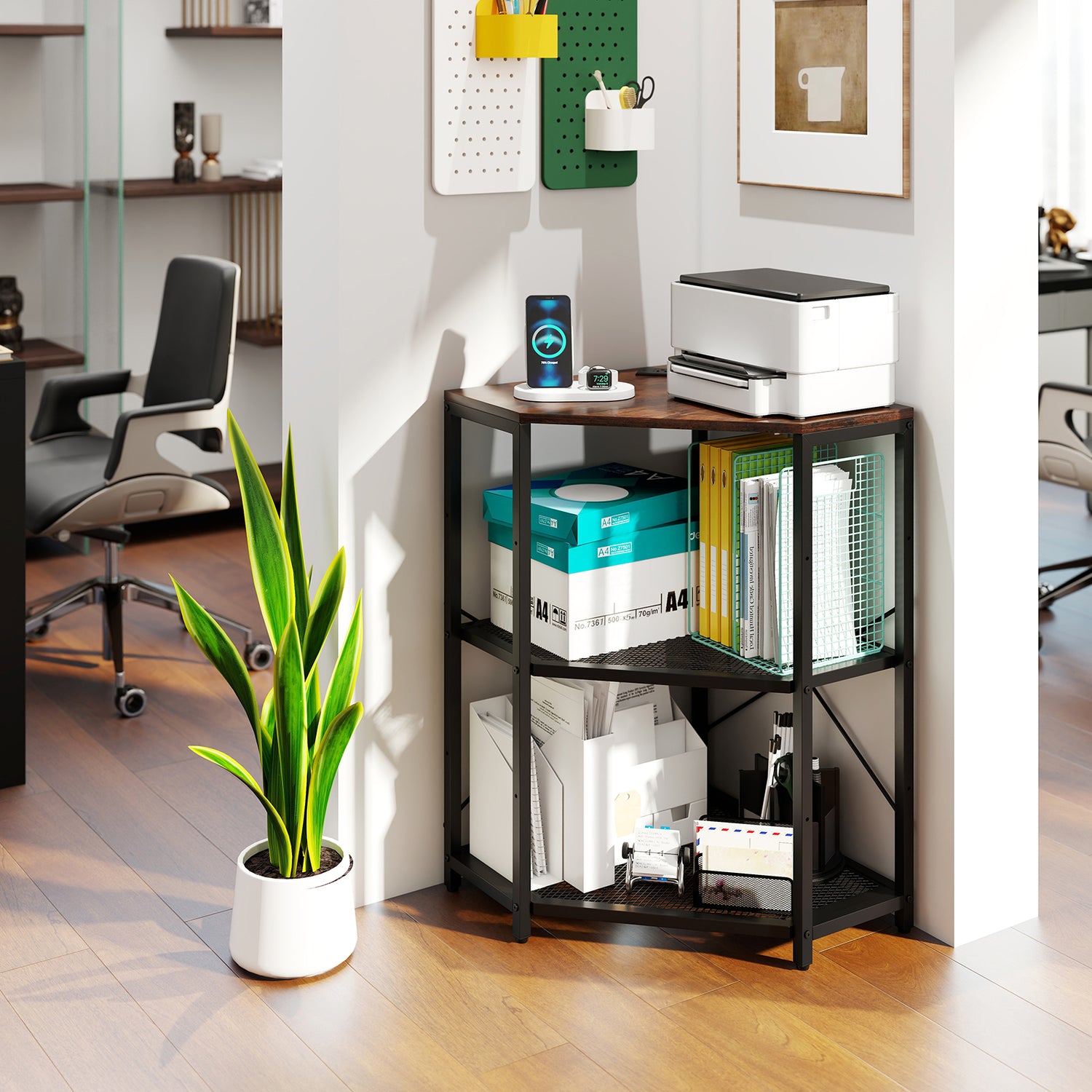 Corner Printer Stand with Power Outlet 3-Tier Storage Rack with Adjustable Shelf