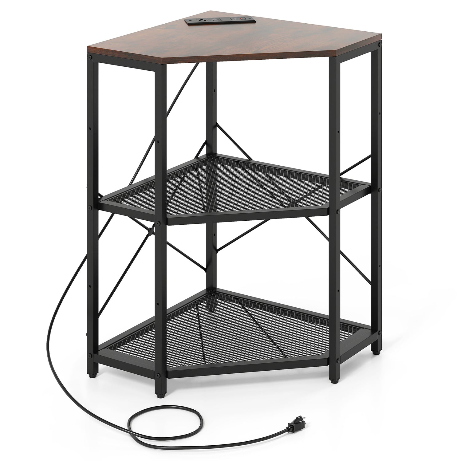 Corner Printer Stand with Power Outlet 3-Tier Storage Rack with Adjustable Shelf