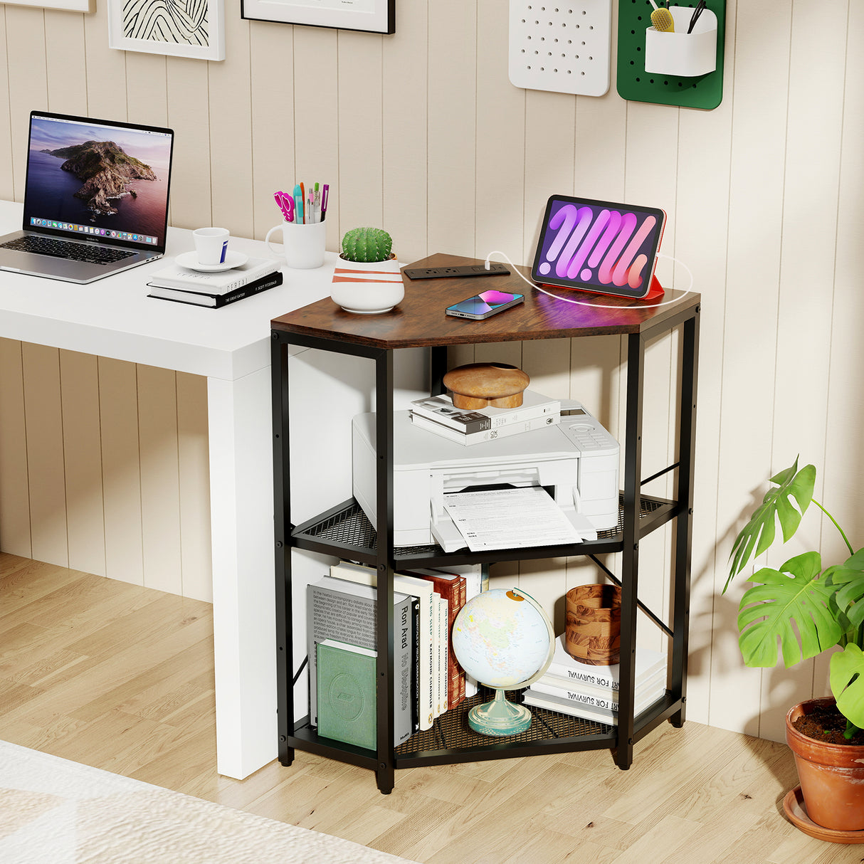 Corner Printer Stand with Power Outlet 3-Tier Storage Rack with Adjustable Shelf