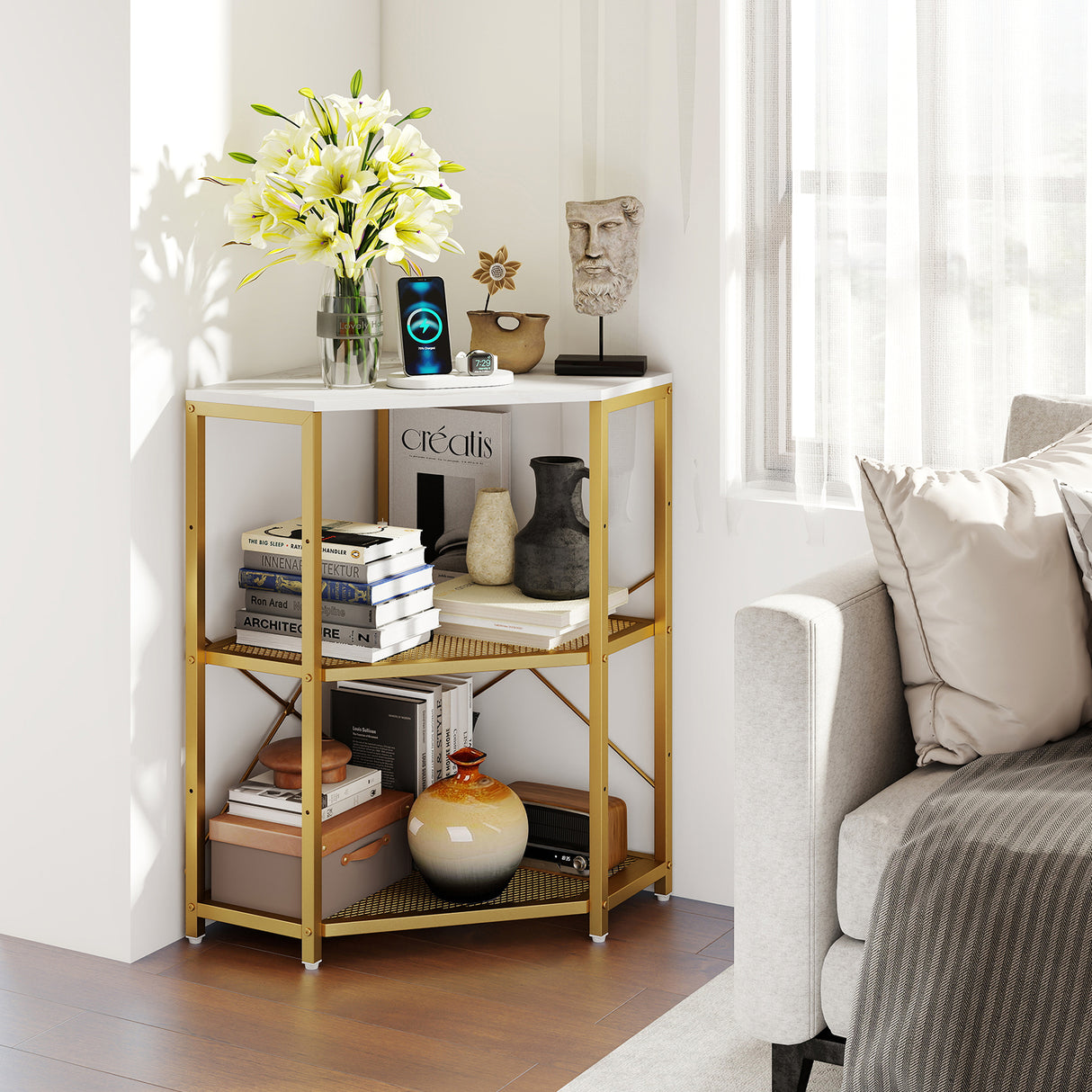 Corner Printer Stand with Power Outlet 3-Tier Storage Rack with Adjustable Shelf