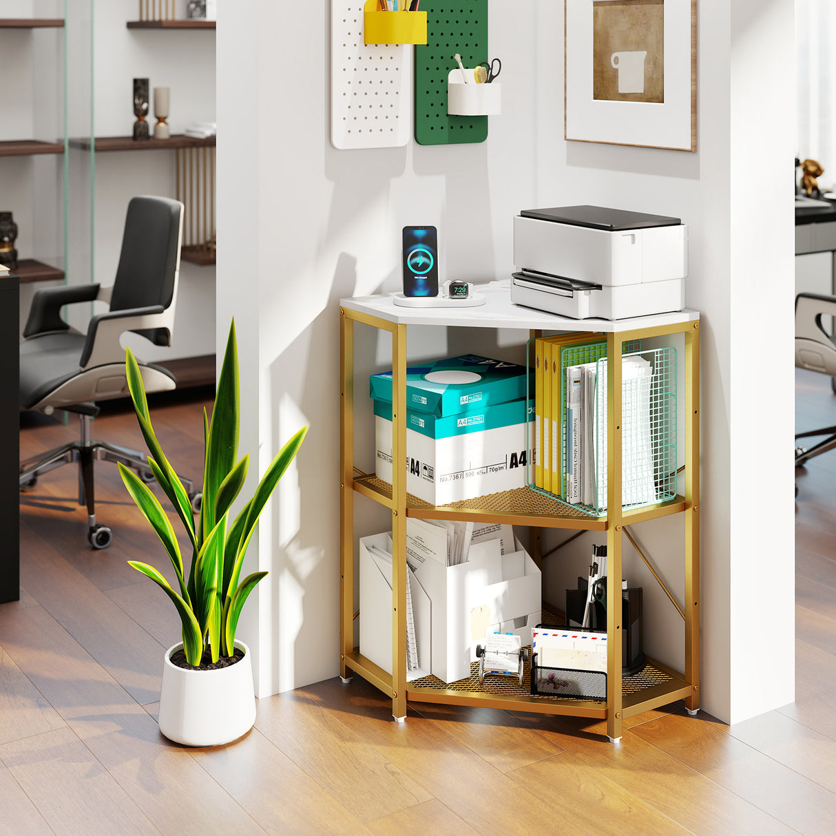 Corner Printer Stand with Power Outlet 3-Tier Storage Rack with Adjustable Shelf