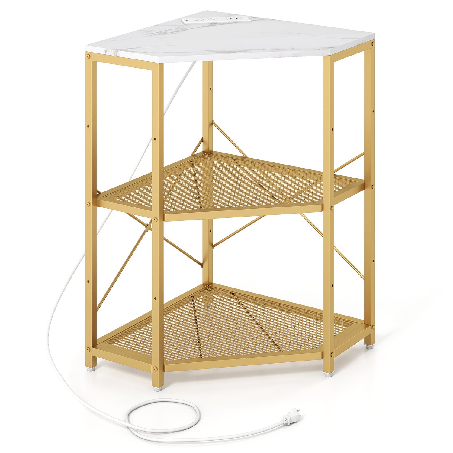 Corner Printer Stand with Power Outlet 3-Tier Storage Rack with Adjustable Shelf