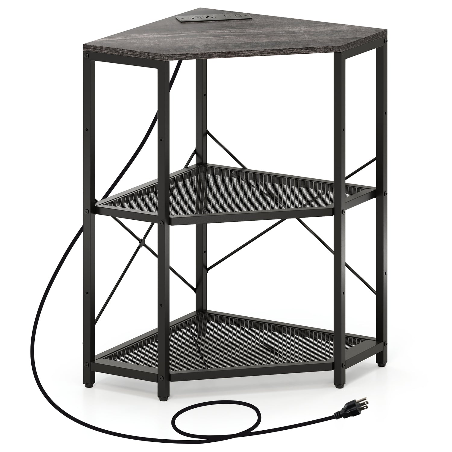 Corner Printer Stand with Power Outlet 3-Tier Storage Rack with Adjustable Shelf